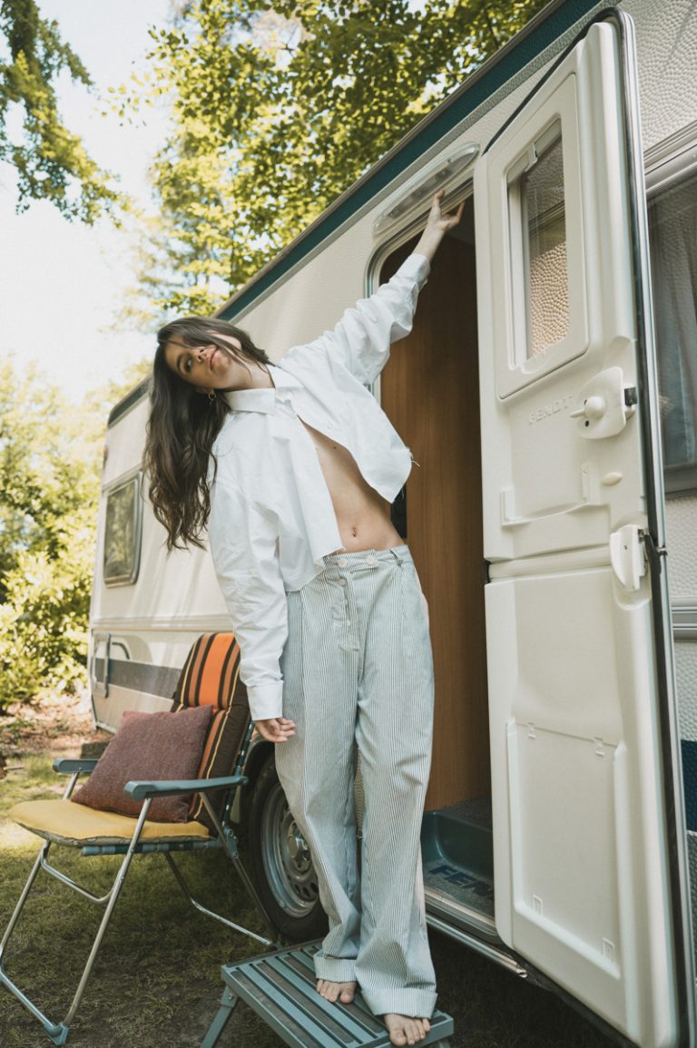 Fashion model Bella Eftene is styled by fashion stylist Phoebe Vos for this holiday caravan series